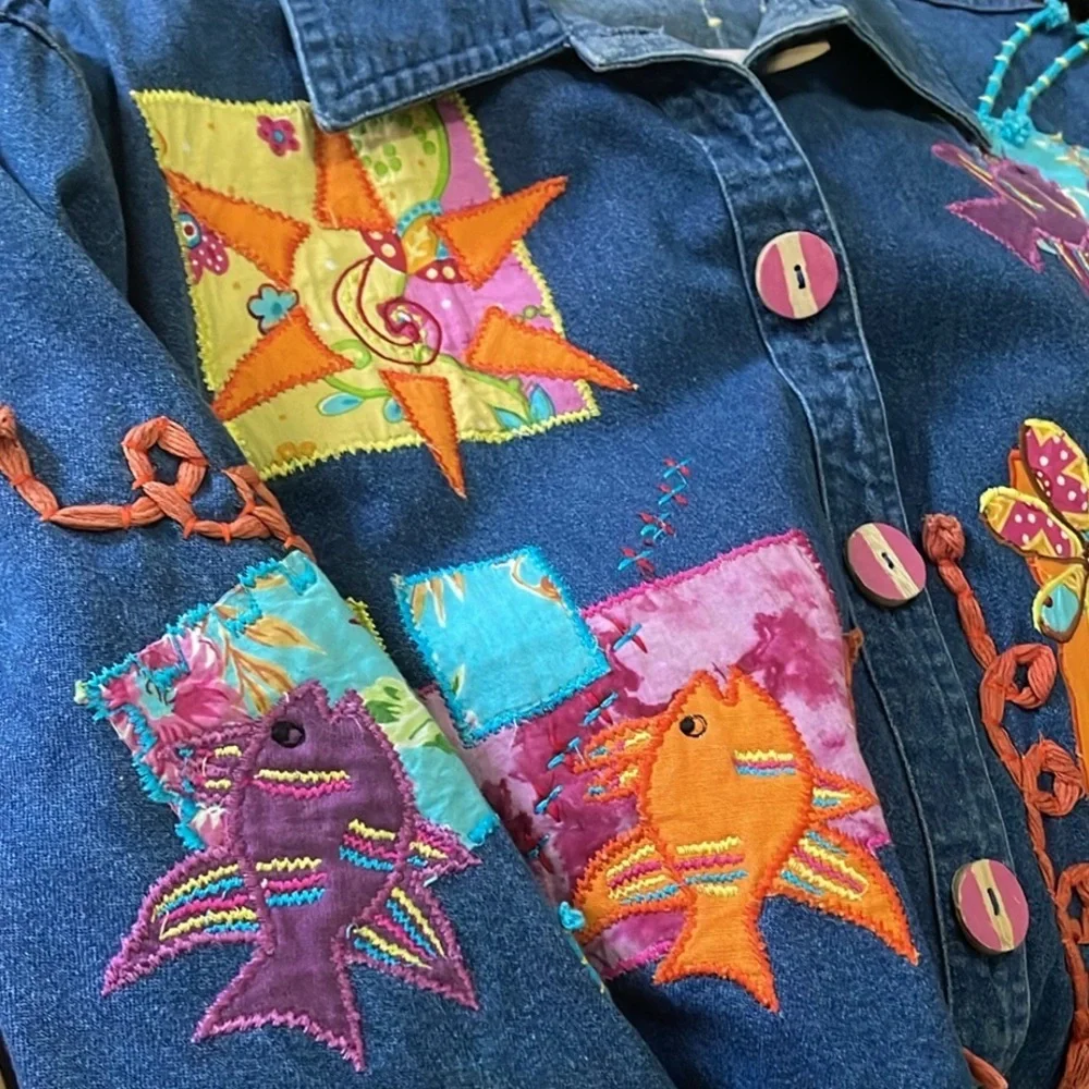 Vintage Artsy Embroidered 3D Popart Denim Jacket